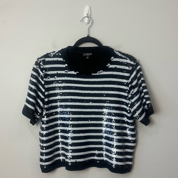 J. Crew Tops - Jcrew Sequin T Shirt Black White Stripe Short Sleeve